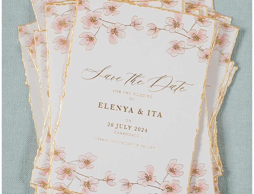 Blossom save the date gold foil invites