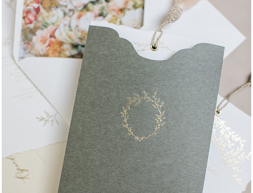 Moss green pocket invitation with gold foil wedding invite and envelope liner