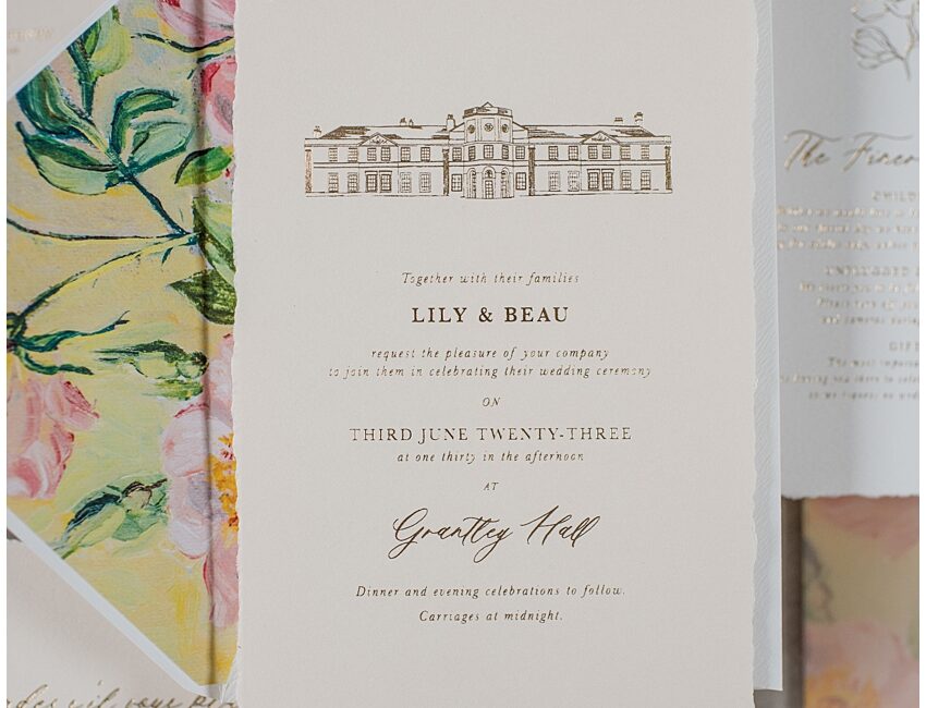 Grantley Hall wedding invitations and wedding photography luxury wedding stationery
