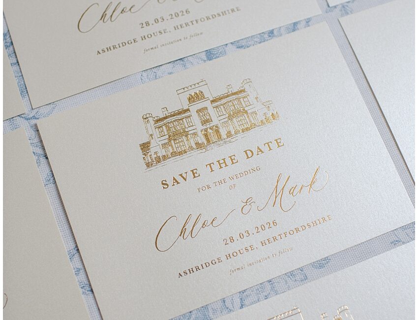 Wedding venue illustration wedding stationery save the dates in gold foil