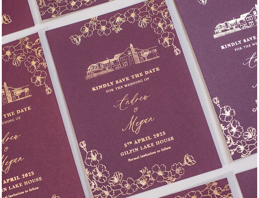 Blossom save the date cards with hand drawn venue illustration pressed in gold foil on a red wine coloured card