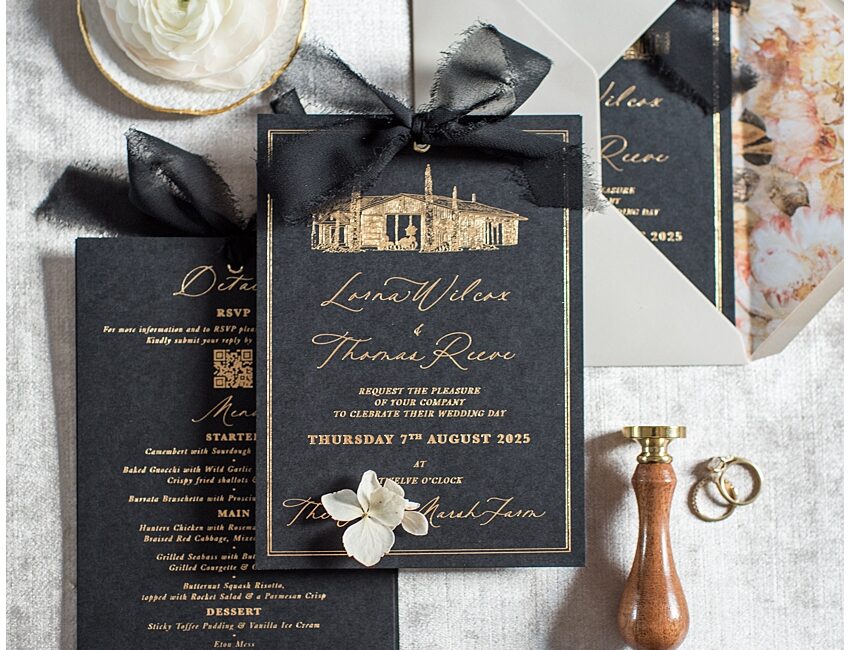 Black and gold wedding invitations with black chiffon ribbon and wedding venue illustration hand pressed in gold foil. Bespoke wedding invitations with details card to the back